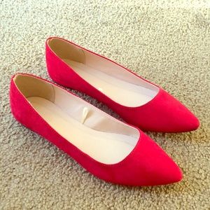 Faux Suede Pointed Toe Red Flats